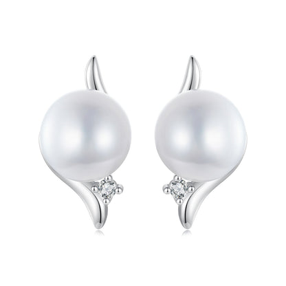 925 Sterling Silver Natural Pearl &amp; CZ Earrings Plated in Platinum