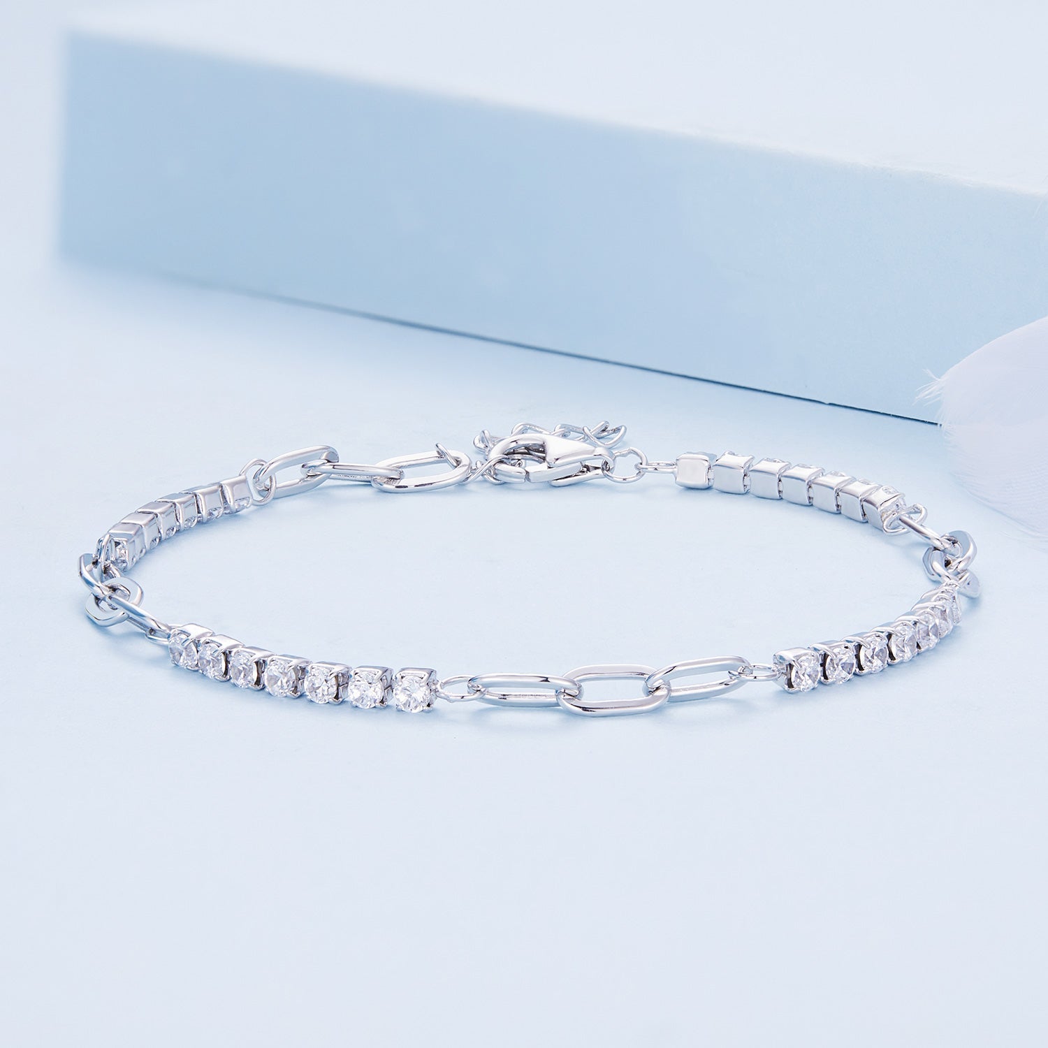 925 Sterling Silver Bracelet with Pavé Setting CZ, Platinum Plated, 14.5+3cm, for Women  DestGlow