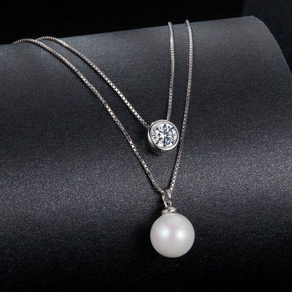 925 Sterling Silver Moissanite &amp; Quality Shell Pearl Necklace for Women - 40+5cm, White Gold Plated