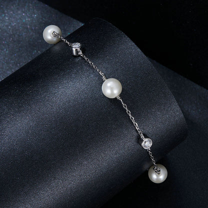 925 Sterling Silver 3mm Moissanite &amp; Shell Pearl Bracelet for Women