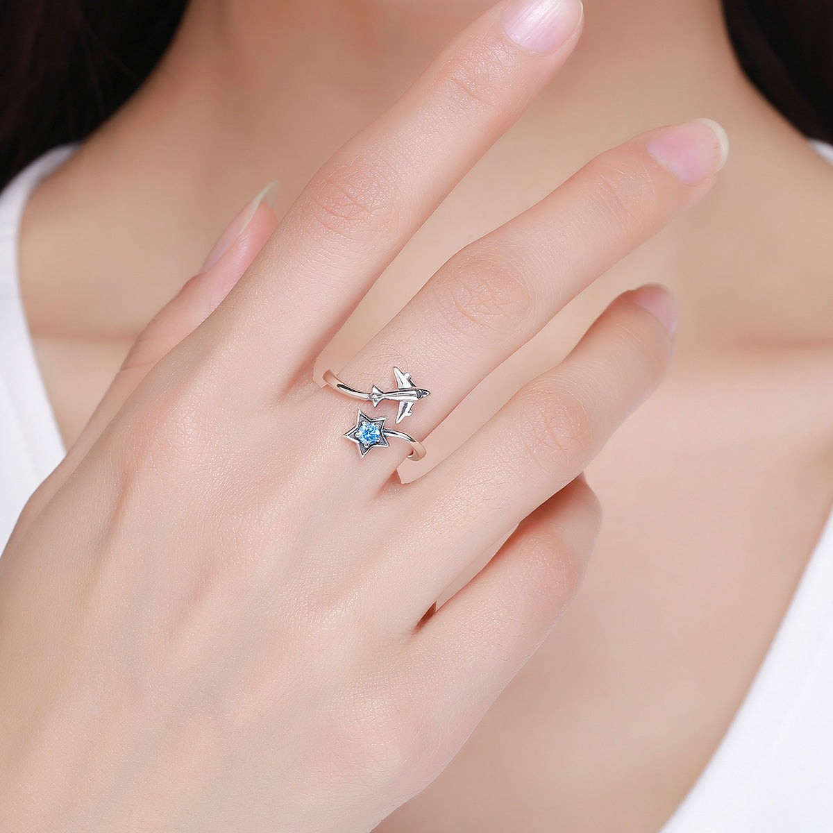 S925 Sterling Silver Star and Airplane Ring Set for Women  DestGlow