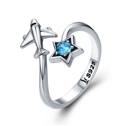 S925 Sterling Silver Star and Airplane Ring Set for Women  DestGlow