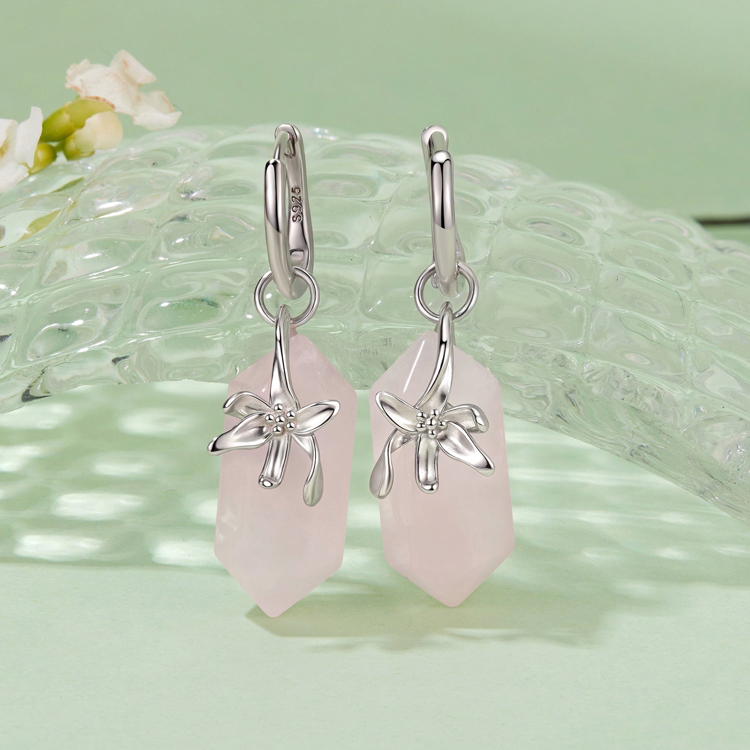 925 Sterling Silver Earrings with Natural Crystal and White Gold Plating  DestGlow