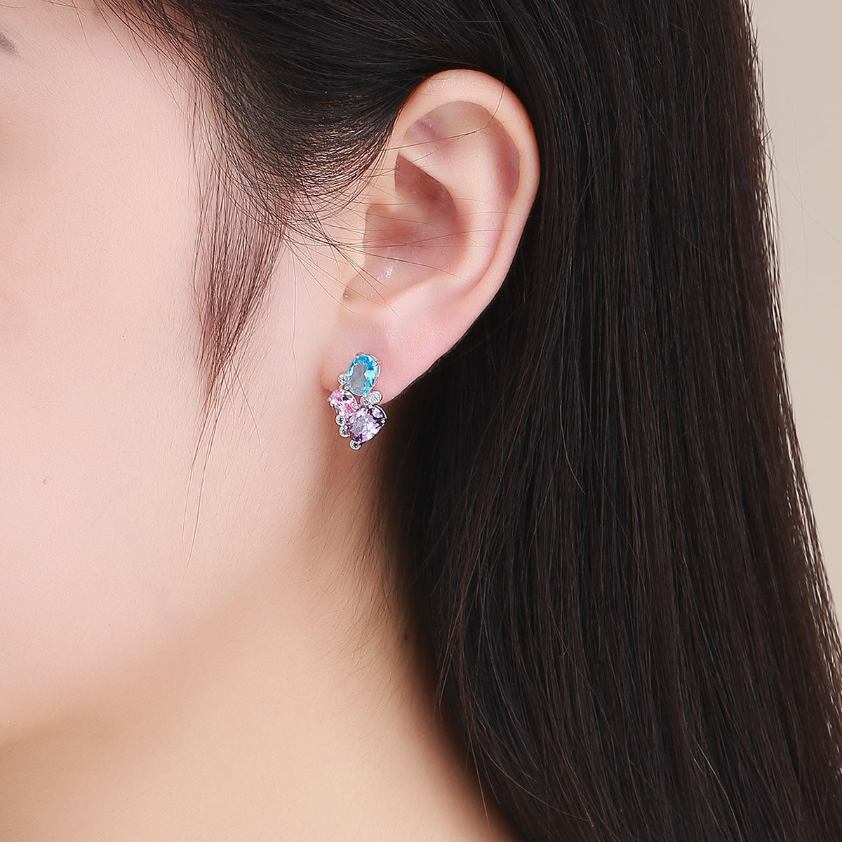 925 Sterling Silver Earrings with Transparent Glass, 1.6*1.1cm for Women  DestGlow