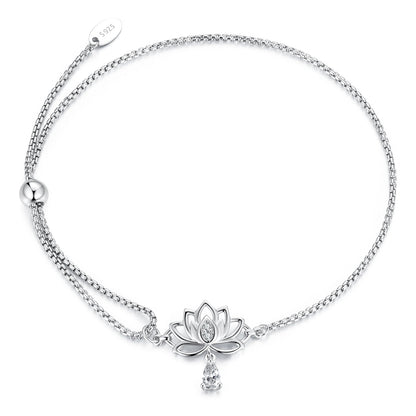 925 Sterling Silver Adjustable Chain Bracelet with White Gold Plating and CZ for Women  DestGlow