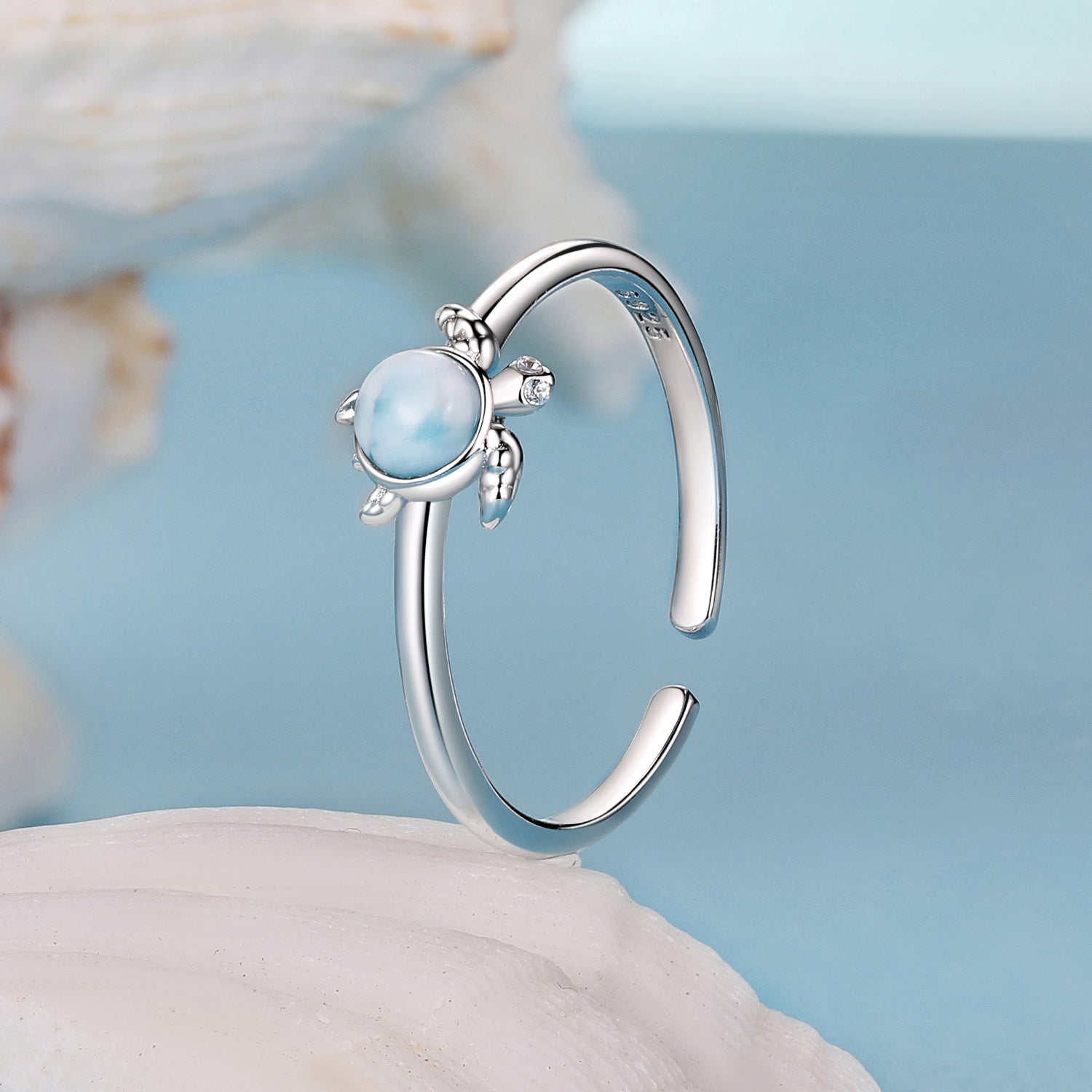 925 Sterling Silver + Plated White Gold Larimar Ring - Style E - 1.6mm Width  DestGlow