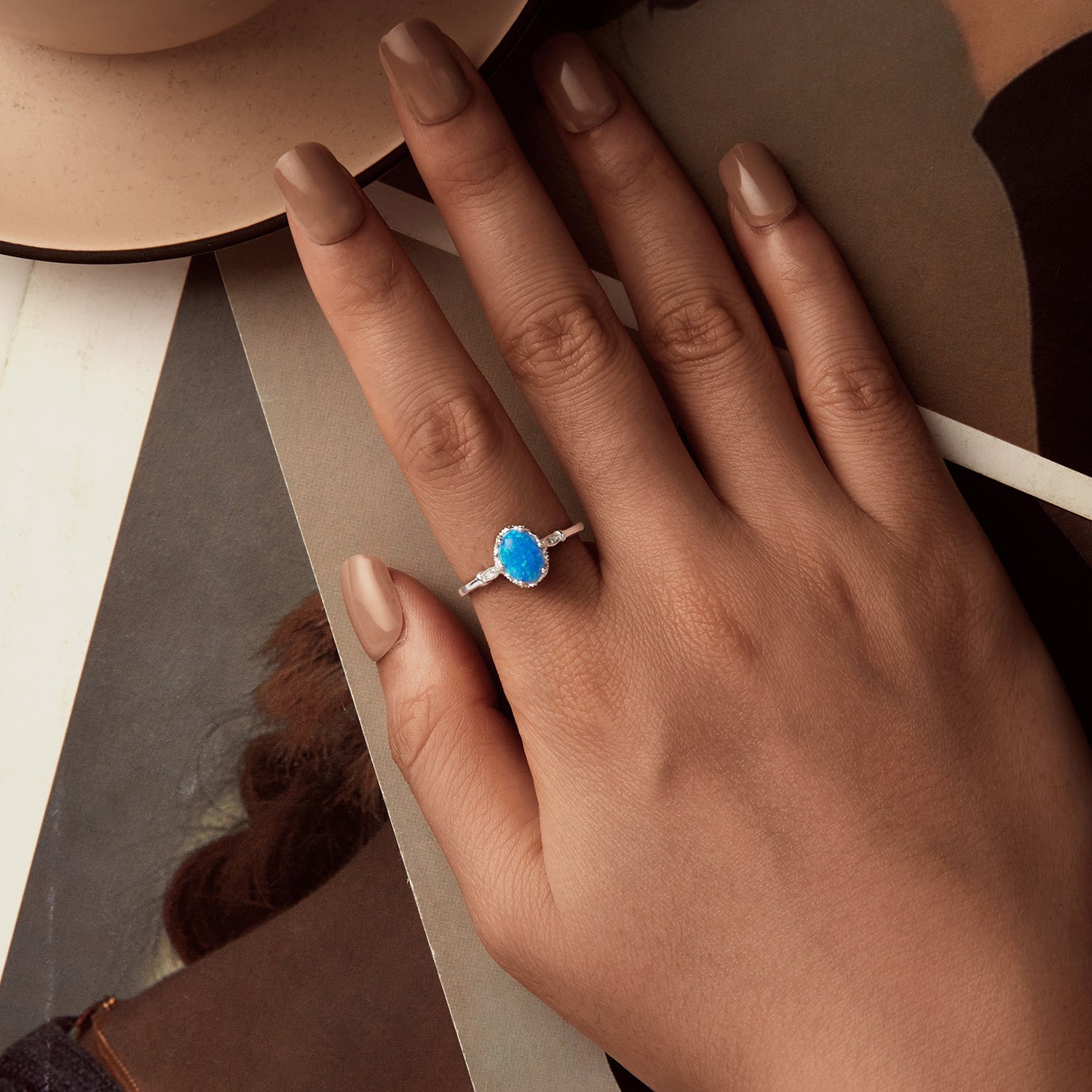 925 Sterling Silver Opal Rings in Size 6.0 with Pave Setting &amp; Plated White Gold for Women