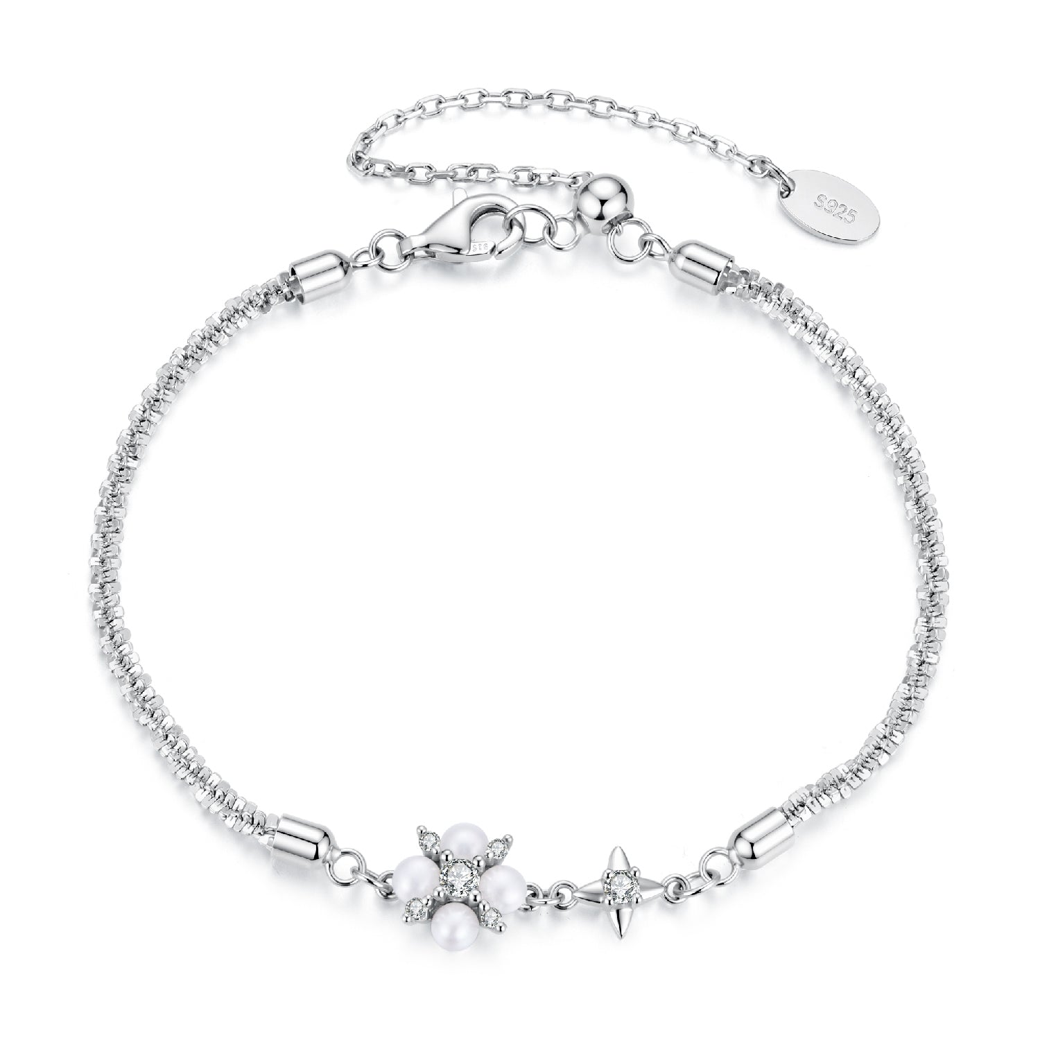 925 Sterling Silver Adjustable Moissanite &amp; Natural Pearl Bracelet for Women