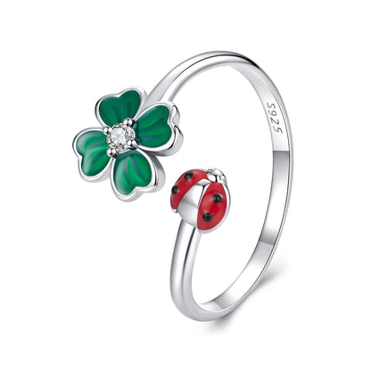 925 Sterling Silver Ladybug Four-leaf Clover Ring for Women  DestGlow