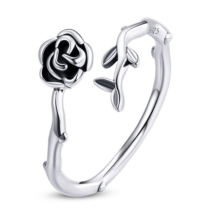925 Sterling Silver &amp; Oxidized Silver 0.15 cm Width Rose Ring for Women