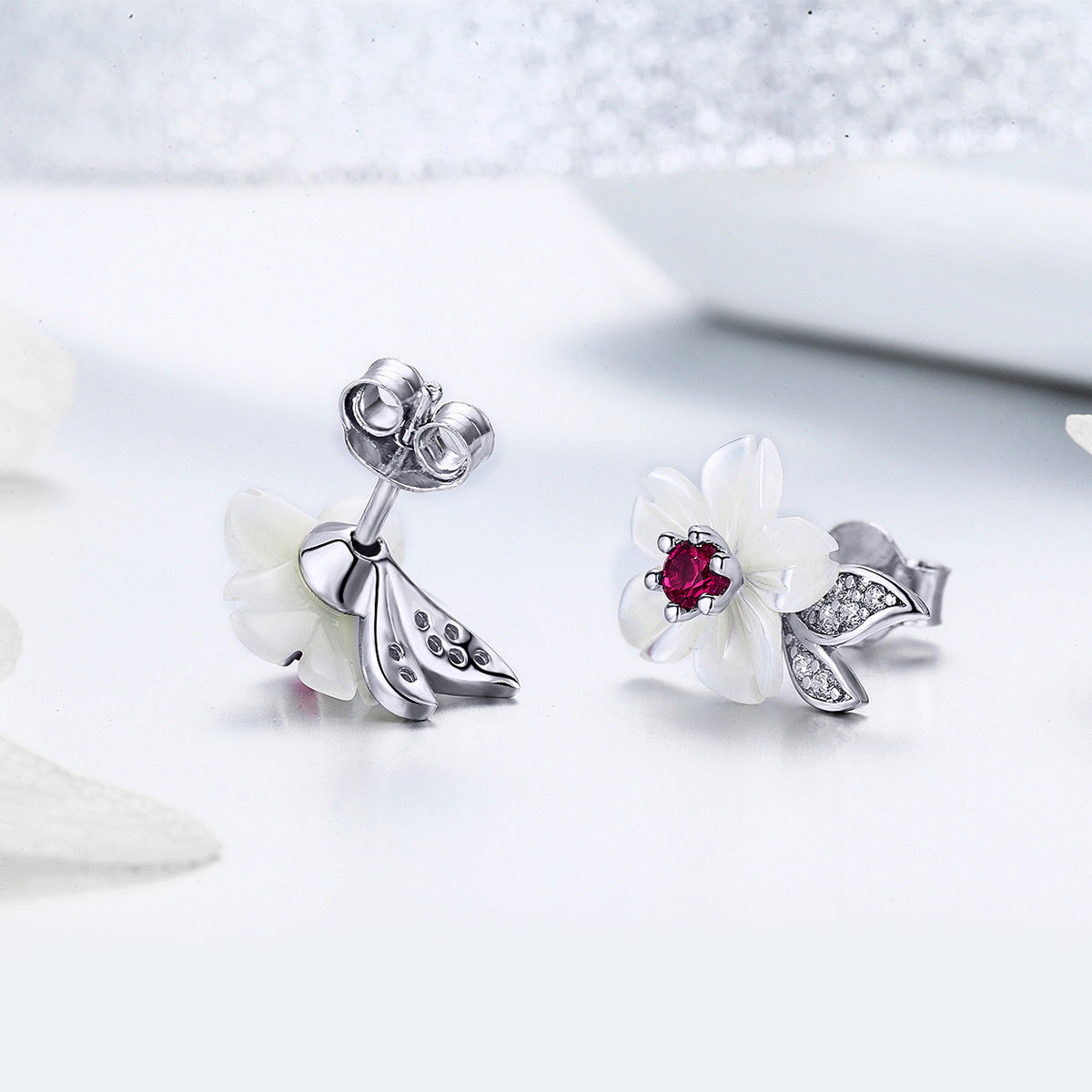 925 Sterling Silver Earrings with Pavé Setting CZ and High-Quality Nacre  DestGlow