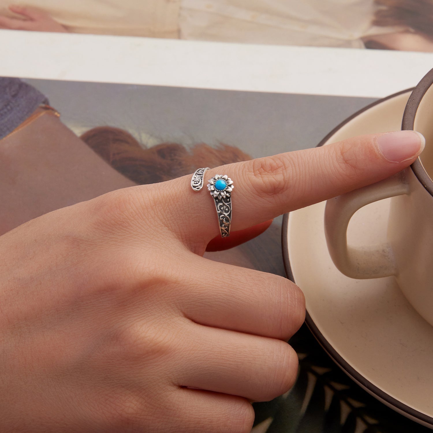 925 Sterling Silver Oxidized Synthetic Turquoise Ring 0.23-0.8cm Women  DestGlow
