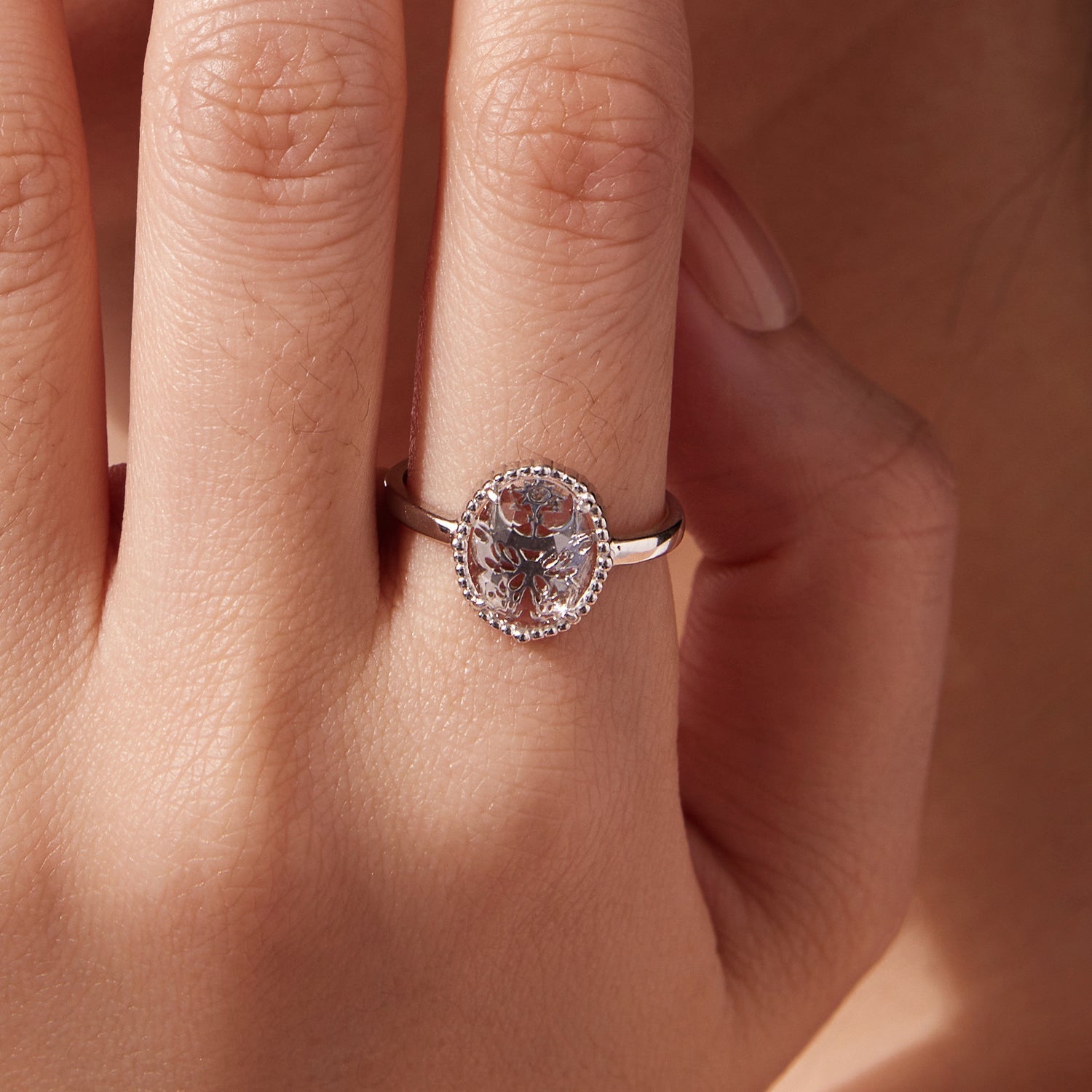 925 Sterling Silver Pavé Setting CZ White Gold Plated Ring with Transparent Glass for Women  DestGlow