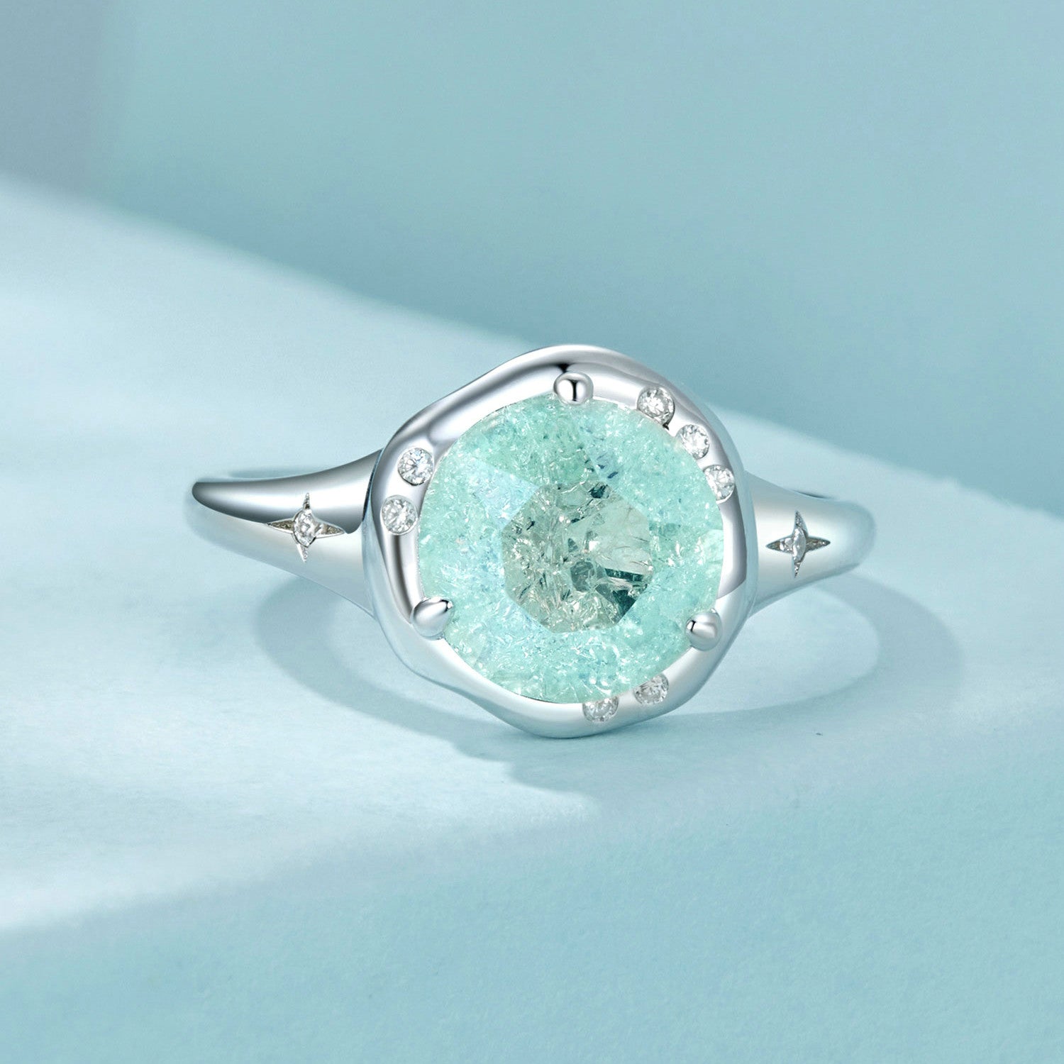 925 Sterling Silver Ring Size 6.0 with 11mm CZ &amp; Transparent Glass for Women  DestGlow