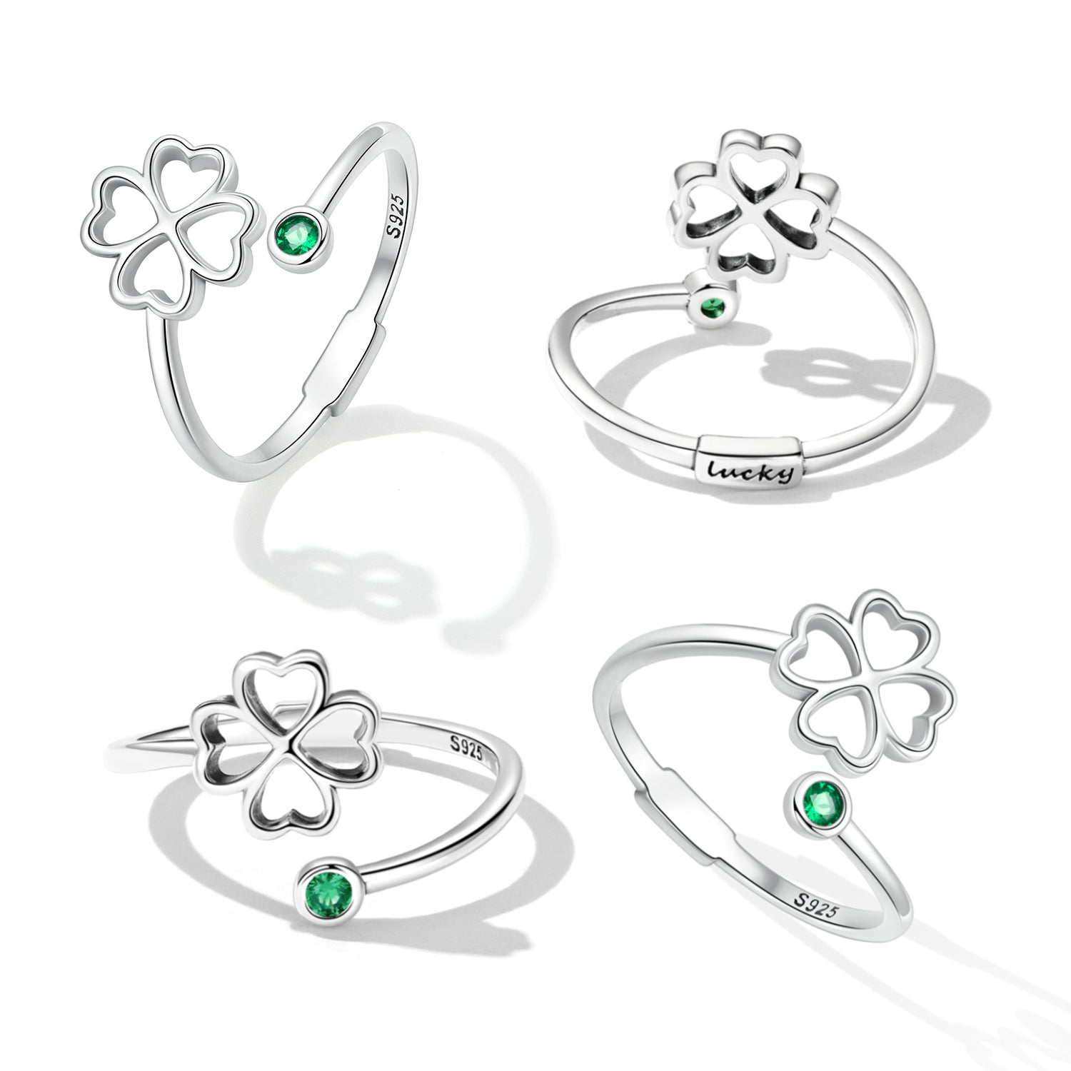925 Sterling Silver Four-Leaf Clover Ring with Pavé CZ - 0.15cm Width by Bids.com