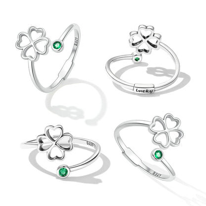 925 Sterling Silver Four-Leaf Clover Ring with Pavé CZ - 0.15cm Width by Bids.com