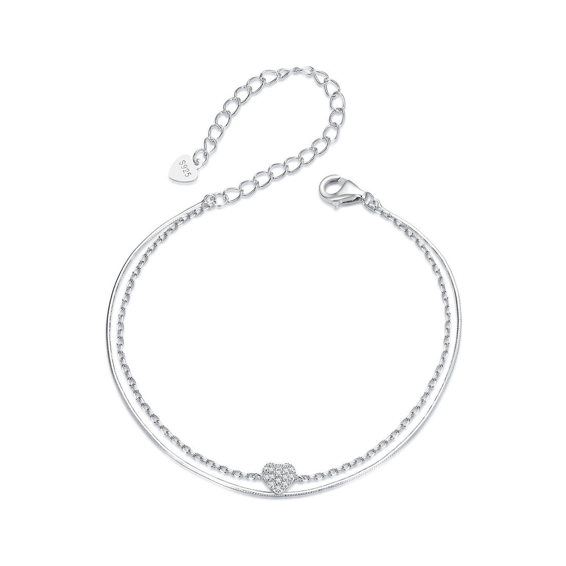 925 Sterling Silver White Gold Plated Heart-Shaped Bracelet with CZ, Length 150+60mm  DestGlow