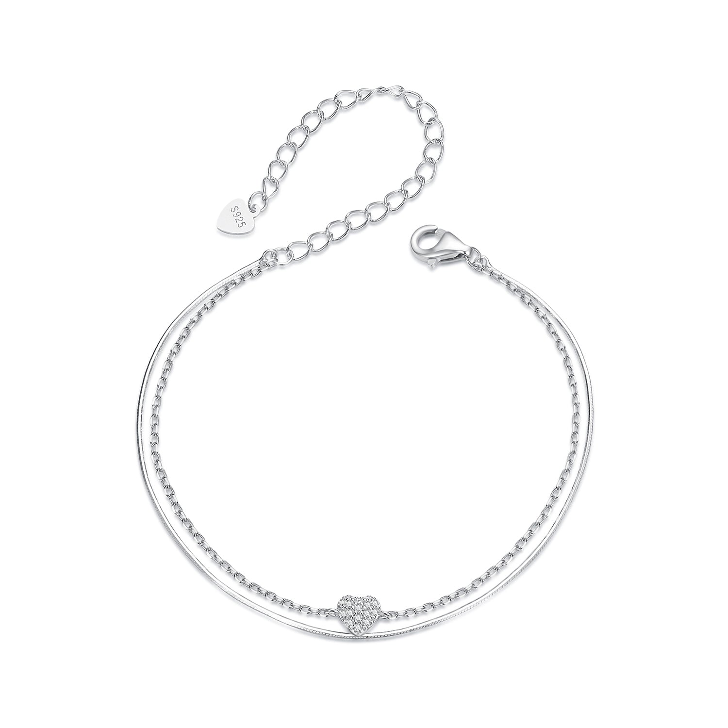 925 Sterling Silver White Gold Plated Heart-Shaped Bracelet with CZ, Length 150+60mm  DestGlow