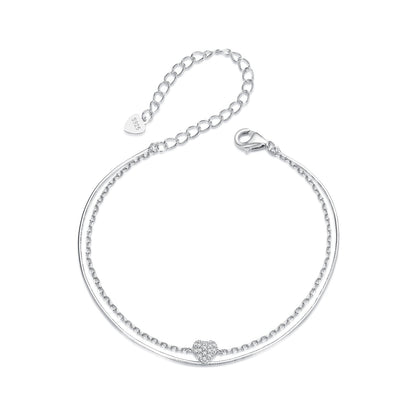 925 Sterling Silver White Gold Plated Heart-Shaped Bracelet with CZ, Length 150+60mm  DestGlow