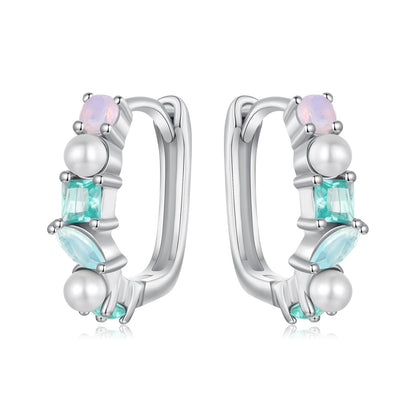 925 Sterling Silver Earrings with Nano Opal, Shell Pearl and Glass, 1.4cm for Women  DestGlow