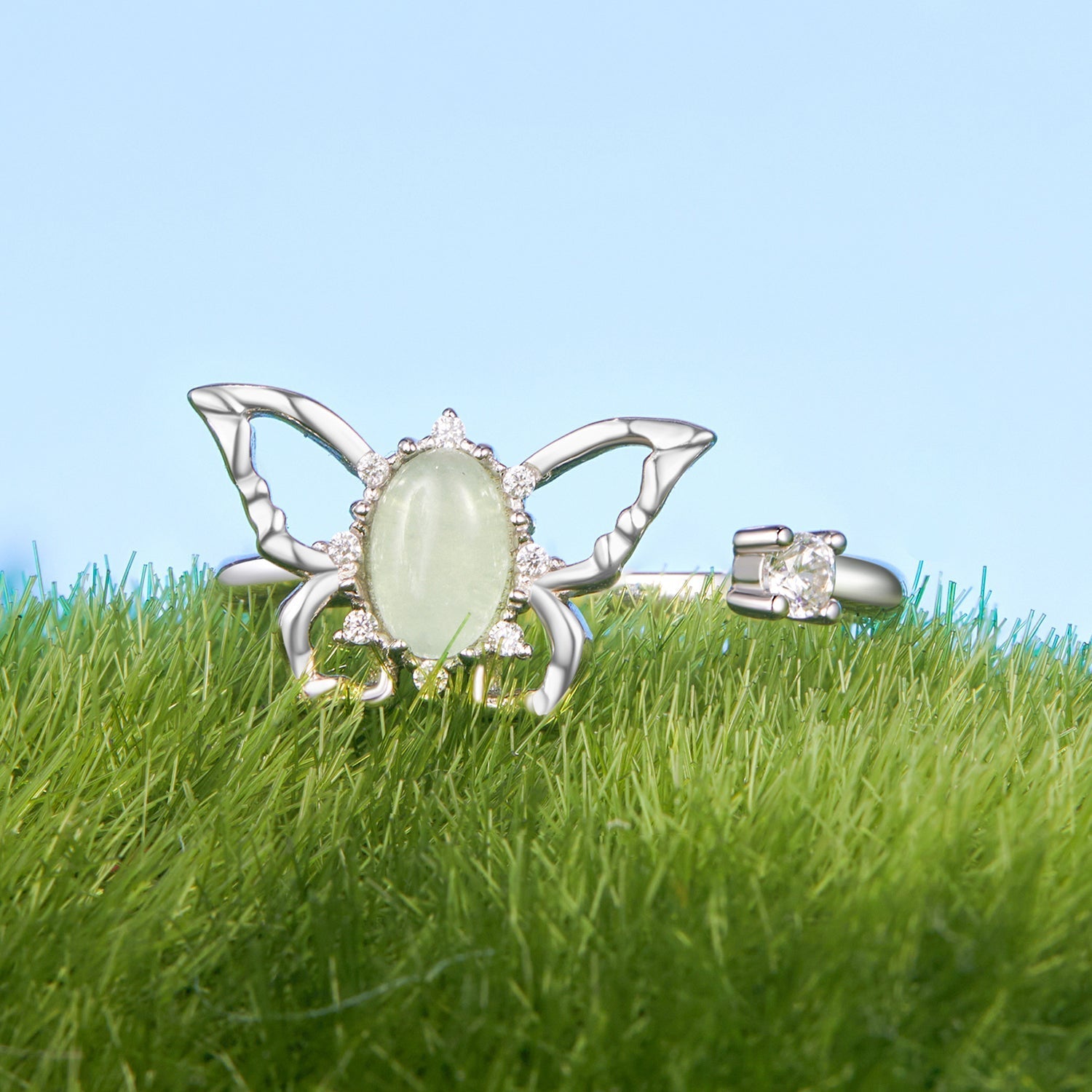925 Sterling Silver &amp; Natural Jade Pavé Setting Ring for Women  DestGlow