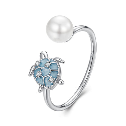 925 Sterling Silver Turtle Ring with Quality Shell Pearl &amp; CZ - Size: nan  DestGlow