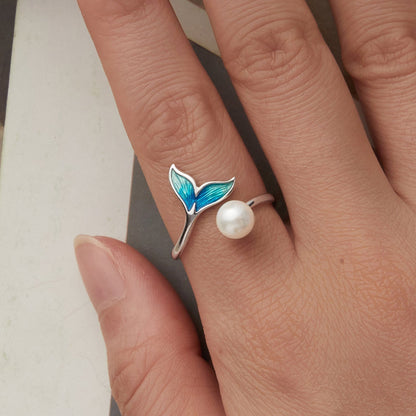 925 Sterling Silver Enamel White Gold Plated Fishtail Ring with Quality Shell Pearl for Women  DestGlow