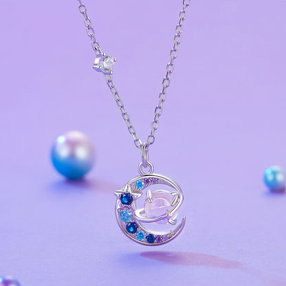 925 Sterling Silver Necklace with Pavé CZ &amp; Transparent Glass Pendant for Women