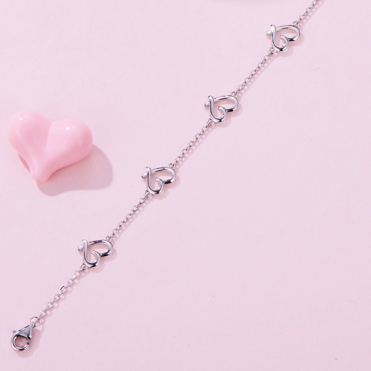 925 Sterling Silver 15+6cm 0.8cm Heart White Gold Plated Bracelet for Women  DestGlow