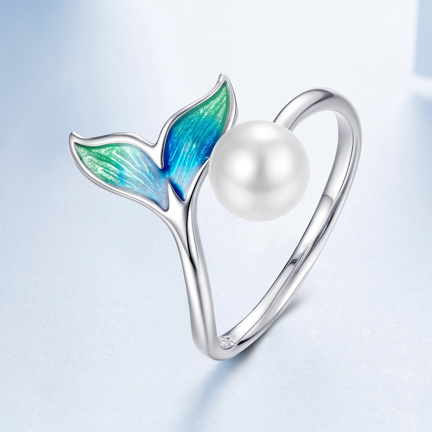 925 Sterling Silver Enamel White Gold Plated Fishtail Ring with Quality Shell Pearl for Women  DestGlow