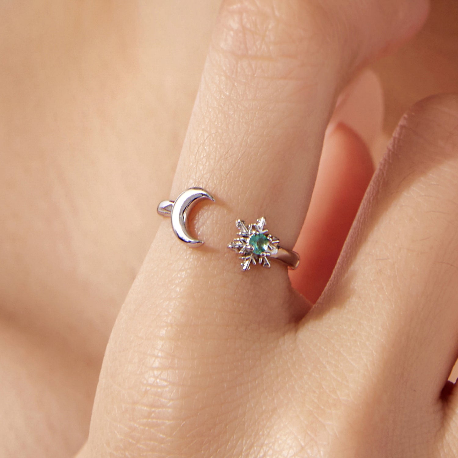 925 Sterling Silver Ring with Glass Snowflakes and Moon for Women  DestGlow