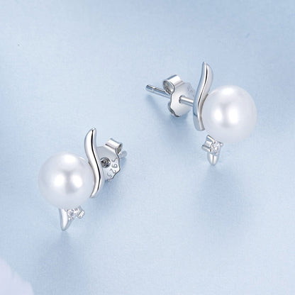 925 Sterling Silver Natural Pearl &amp; CZ Earrings Plated in Platinum