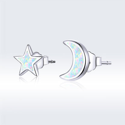 925 Sterling Silver Opal Earrings for Women - Star &amp; Moon Design