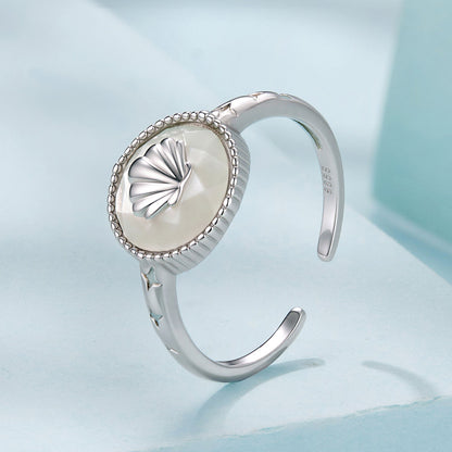 925 Sterling Silver White Gold-Plated Ring with Nacre Pendant - Style E for Women
