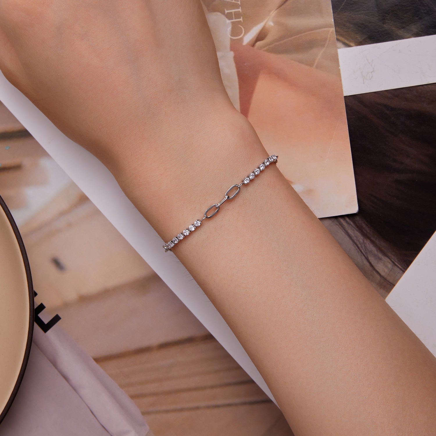 925 Sterling Silver Bracelet with Pavé Setting CZ, Platinum Plated, 14.5+3cm, for Women  DestGlow