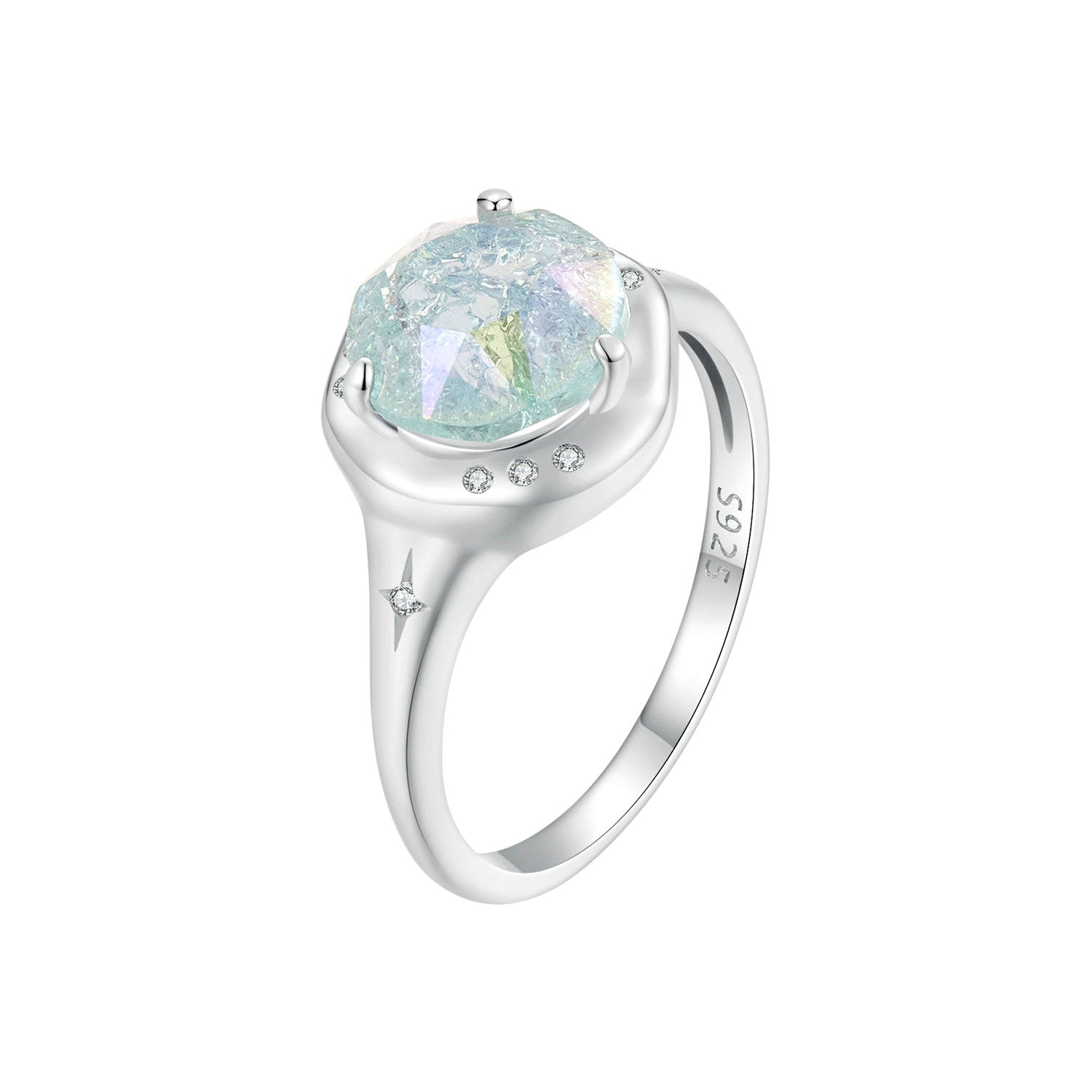 925 Sterling Silver Ring Size 6.0 with 11mm CZ &amp; Transparent Glass for Women  DestGlow
