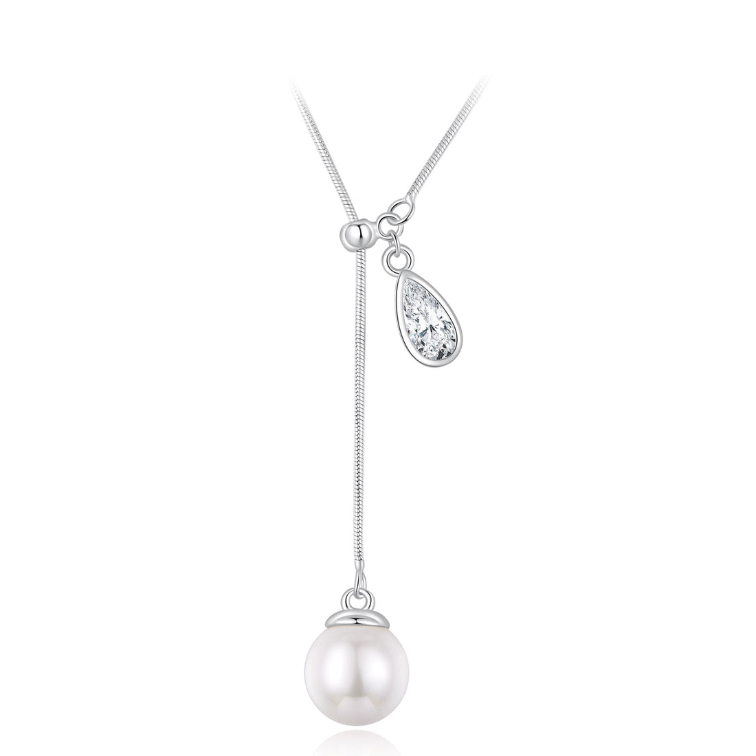 925 Sterling Silver Necklace with Synthetic Pearl and CZ in White Gold, 48+5cm for Women  DestGlow