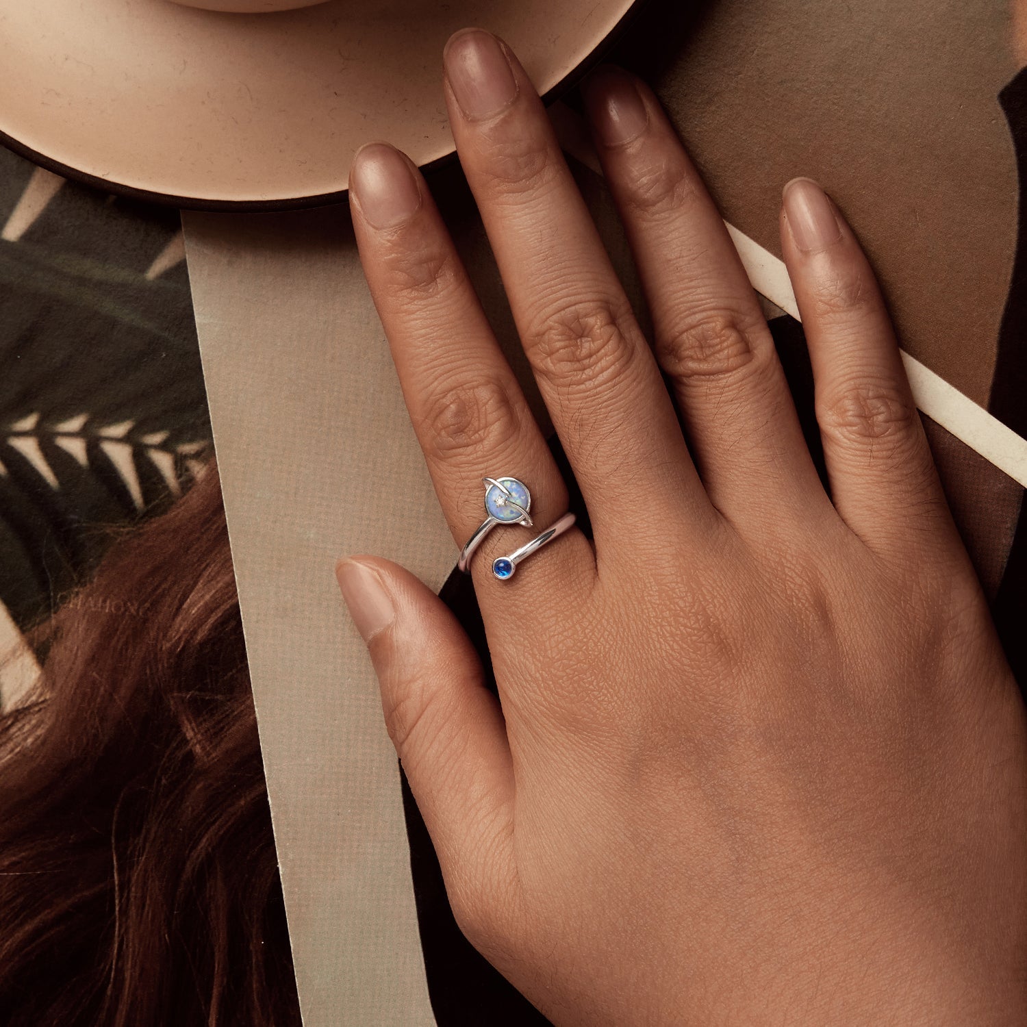 925 Sterling Silver Ring with Pavé Setting, White Gold Plated, with Translucent Opal for Women  DestGlow