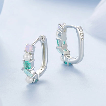 925 Sterling Silver Earrings with Nano Opal, Shell Pearl and Glass, 1.4cm for Women  DestGlow