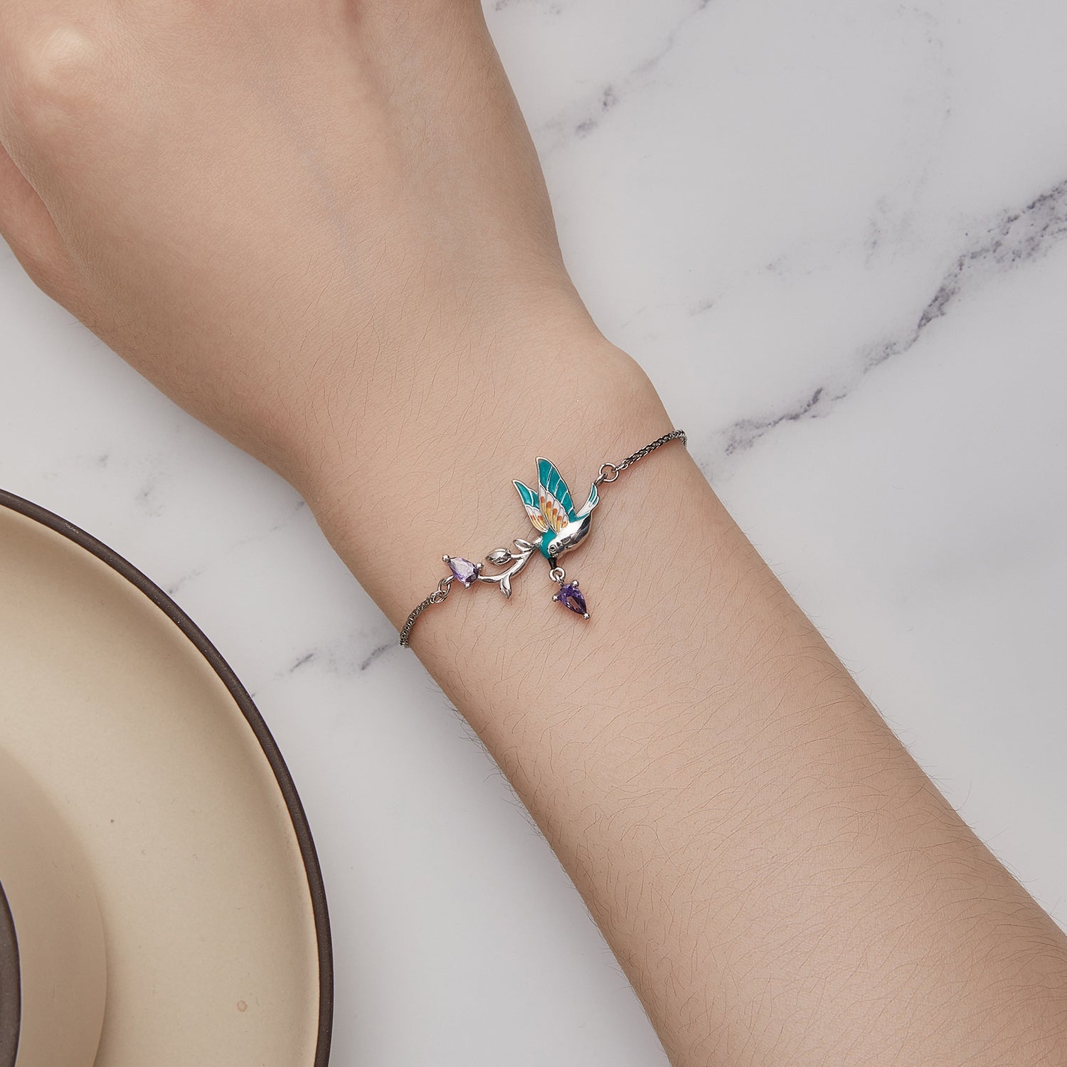 925 Sterling Silver Enamel Plated Platinum Bracelet with CZ, Adjustable Length for Women  DestGlow