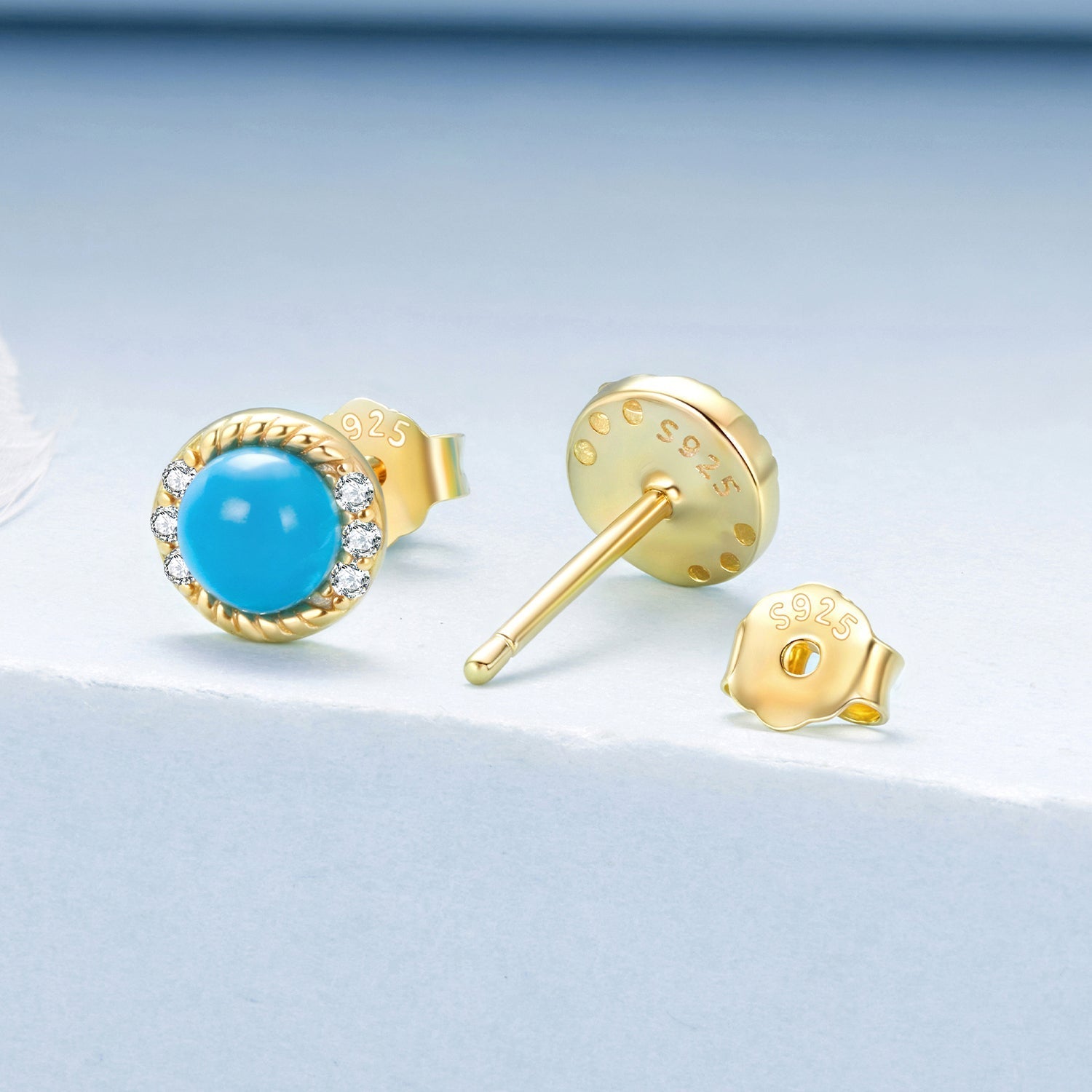 925 Sterling Silver Earrings with Synthetic Turquoise and CZ in Gold Plating  DestGlow