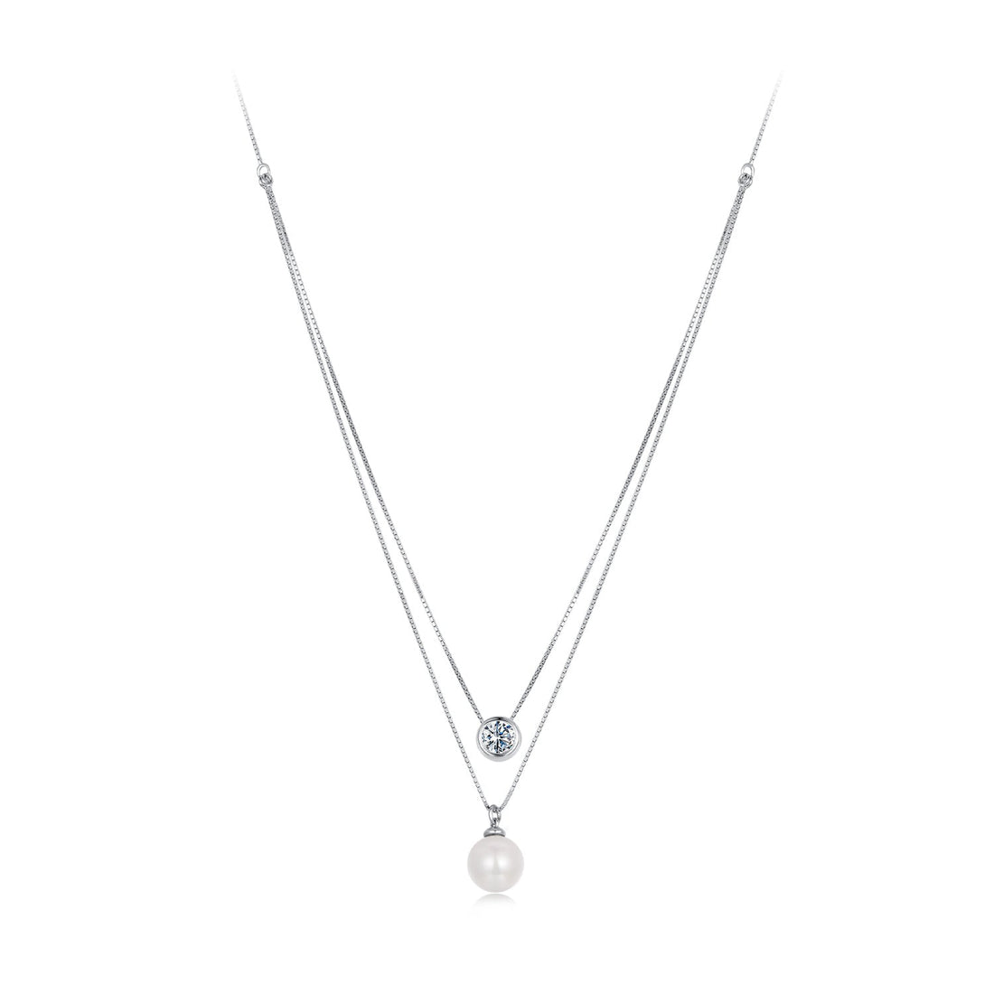 925 Sterling Silver Moissanite &amp; Quality Shell Pearl Necklace for Women - 40+5cm, White Gold Plated  DestGlow