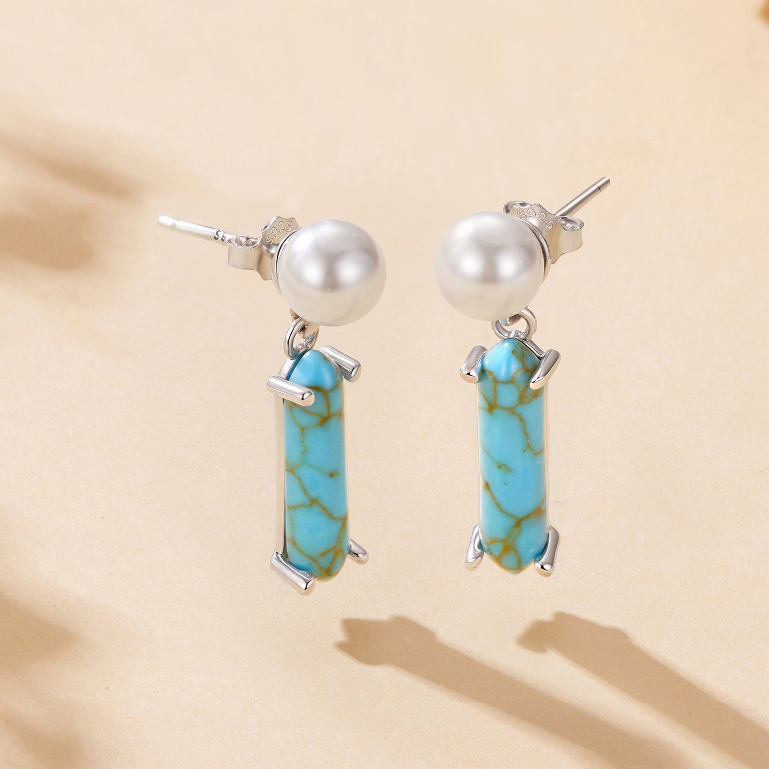 925 Sterling Silver Earrings with Synthetic Turquoise and Pearl, 2.4*0.6cm for Women