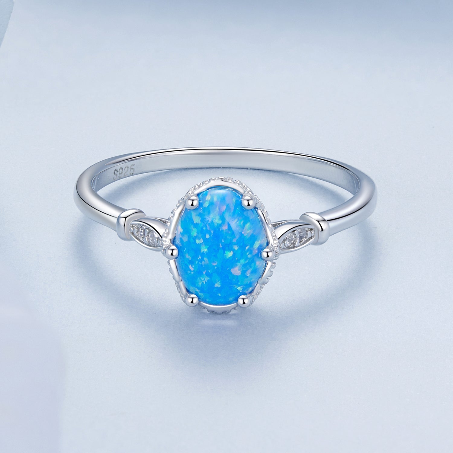 925 Sterling Silver Opal Rings in Size 6.0 with Pave Setting &amp; Plated White Gold for Women