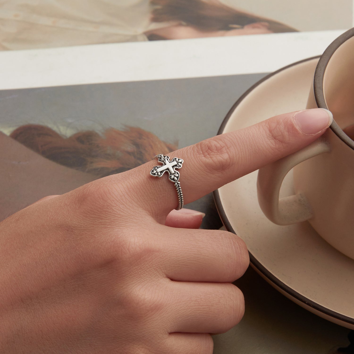 925 Sterling Silver Oxidized Silver 0.18cm Crucifix Adjustable Ring for Women  DestGlow