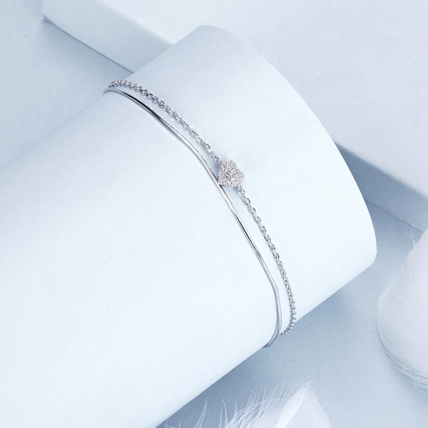 925 Sterling Silver White Gold Plated Heart-Shaped Bracelet with CZ, Length 150+60mm  DestGlow
