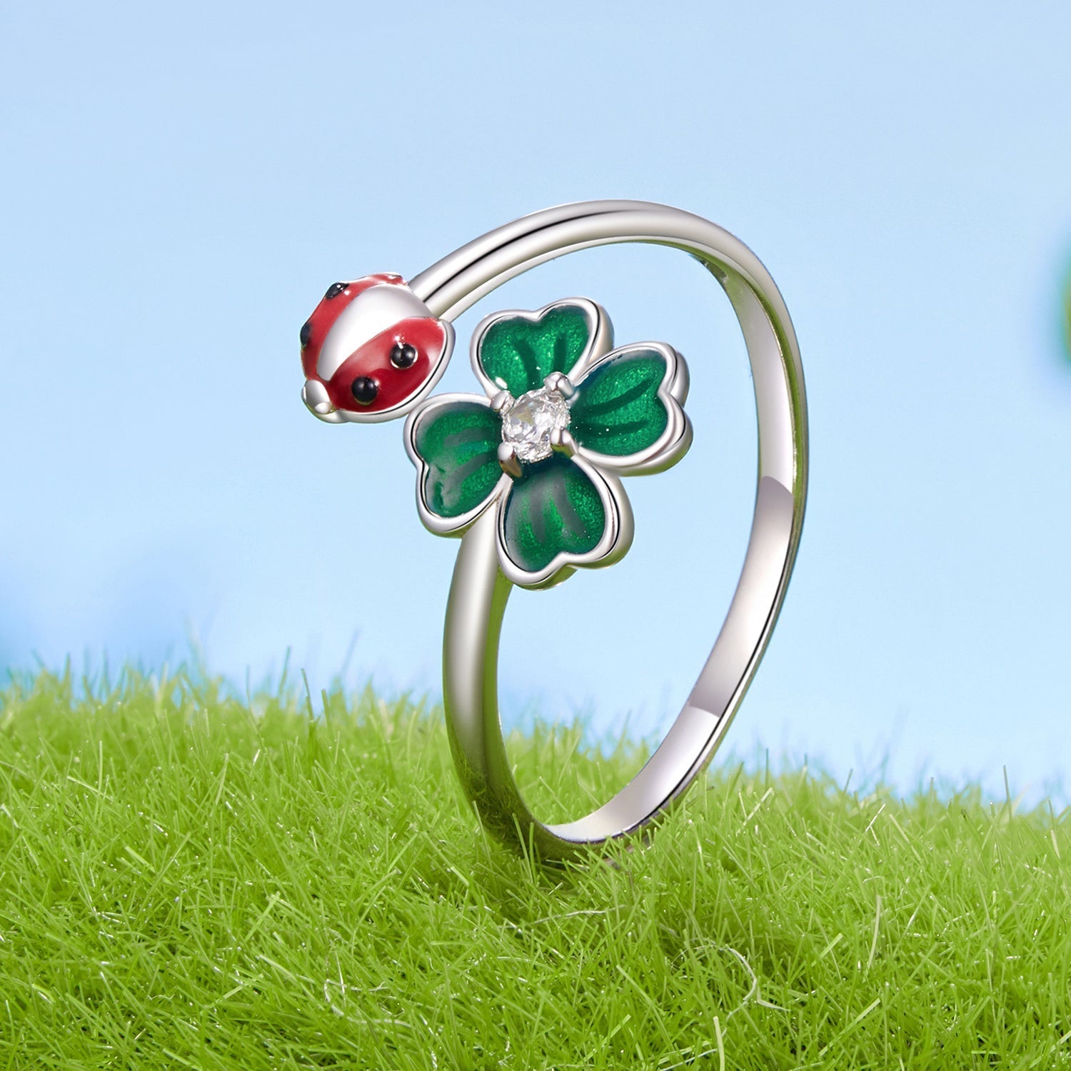 925 Sterling Silver Ladybug Four-leaf Clover Ring for Women  DestGlow