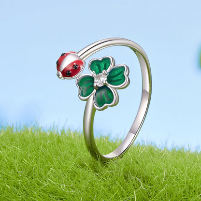 925 Sterling Silver Ladybug Four-leaf Clover Ring for Women  DestGlow