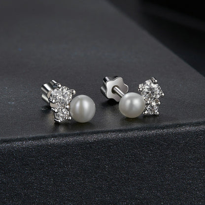 925 Sterling Silver 0.1 Carat Moissanite and Pearl Earrings for Women