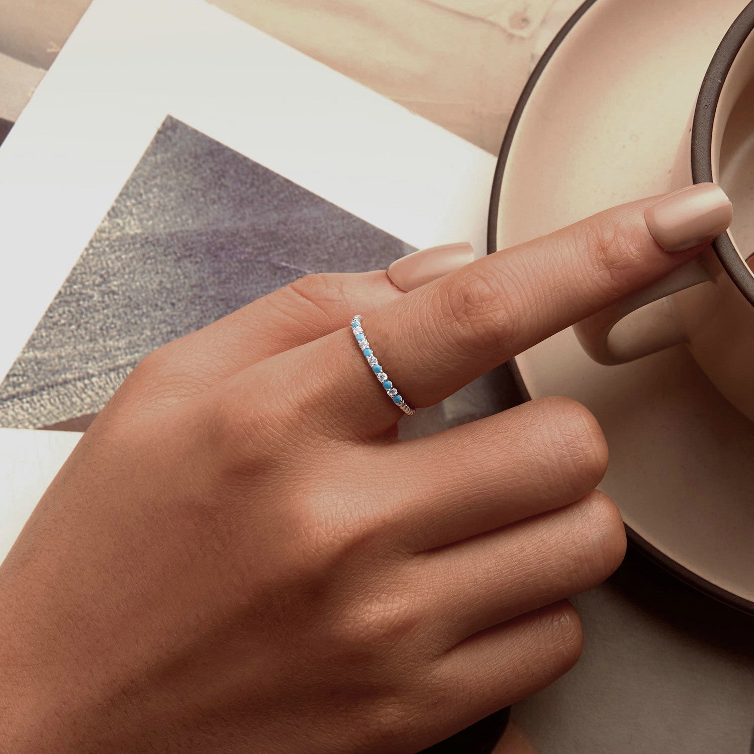 925 Sterling Silver White Gold Plated Turquoise Ring Size 6.0 for Women  DestGlow
